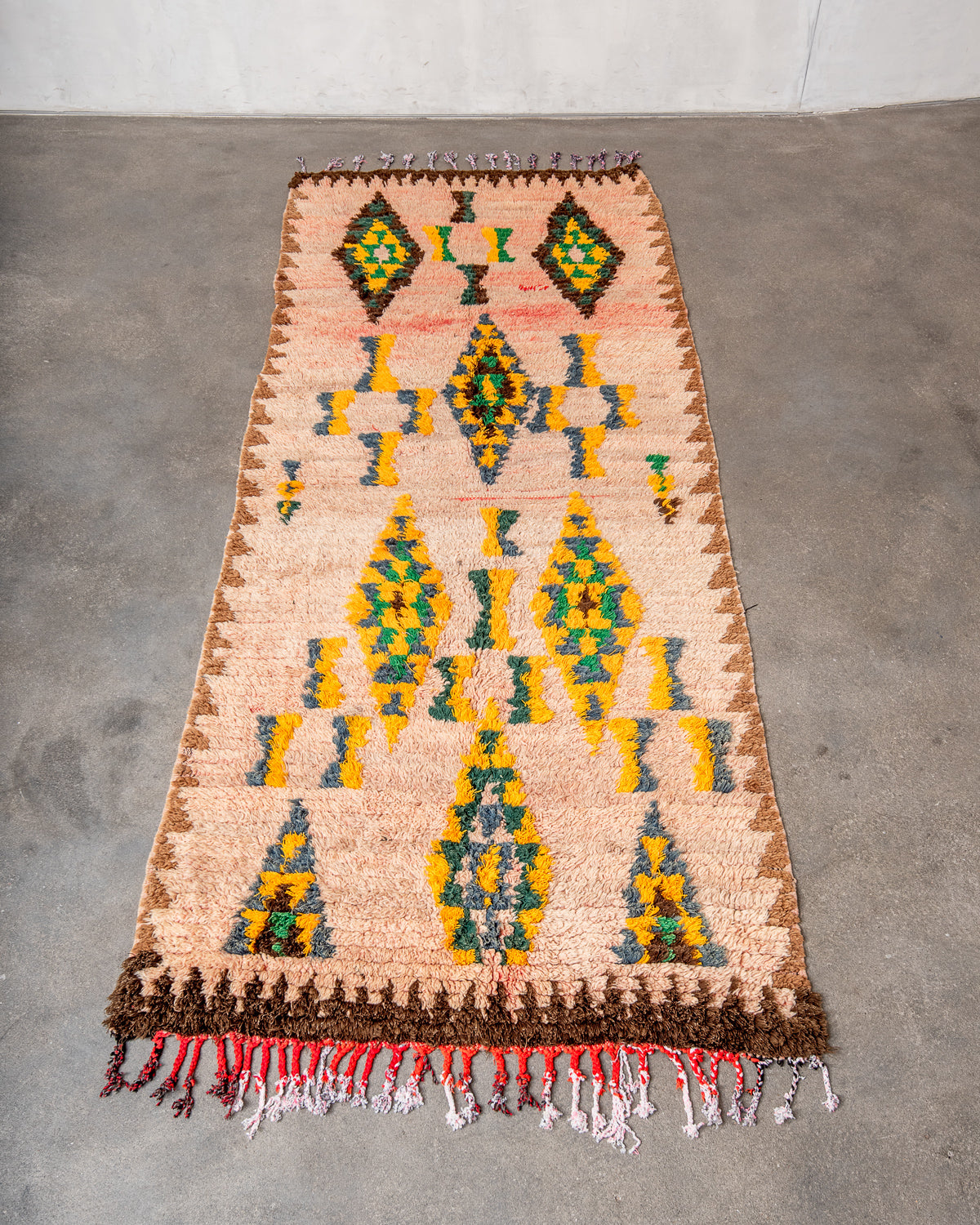 Modern, designer, handcrafted Berber runner rug from Morocco. Vintage carpet with beautiful colours and patterns and fluffy texture.